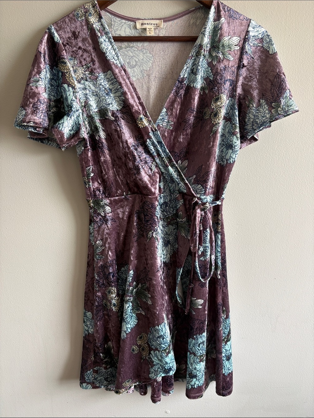 Monteau Floral Crushed Velvet Faux Wrap Dress Large